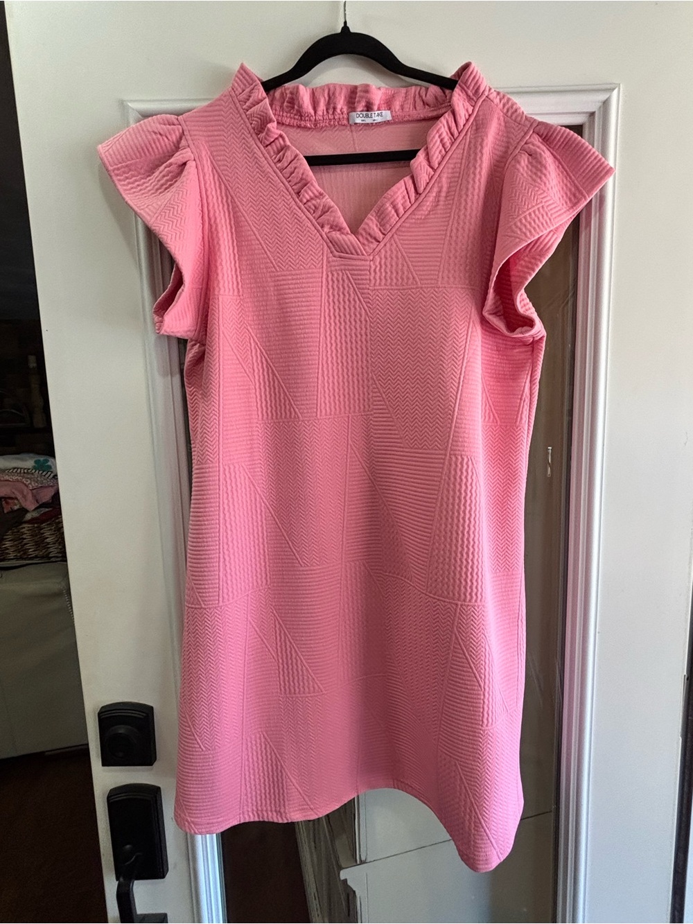 Textured Coral Pink Ruffle V-Neck Shift Dress